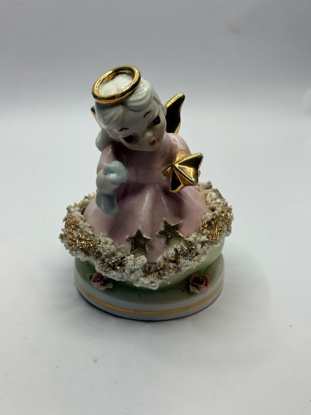 Vintage Lefton Angel Figurine Hand Painted Japan Gold Trim Spaghetti Trim